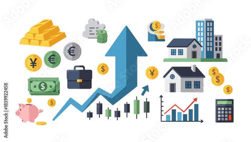 Financial growth and investment illustration with upward trending graph, money, gold bars, coins, houses, and business symbols