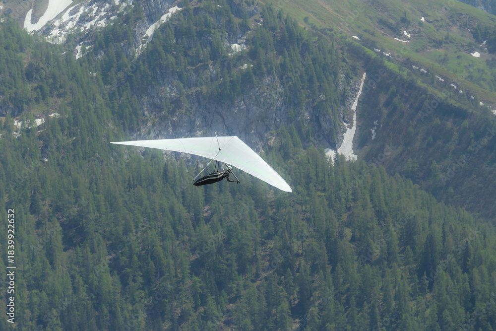 Fototapeta premium Hang gliding above mountain valley near Jenner mount Berchtesgaden National Park
