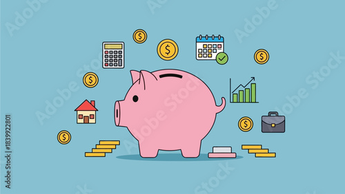 Financial Planning and Savings Concept with Piggy Bank, Calculator, Calendar, and Growing Graph Illustration