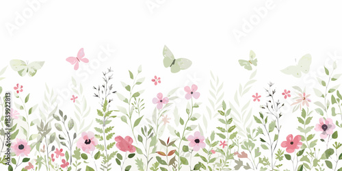 Watercolor illustration of delicate wildflowers and fluttering butterflies in a meadow