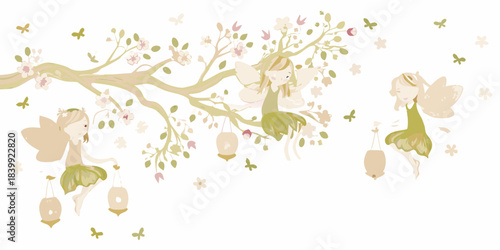 Delicate illustration of whimsical fairies resting among blossoming branches and fluttering butterflies