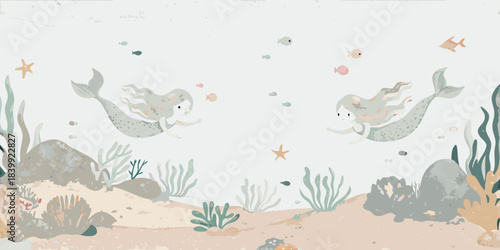 Two whimsical mermaids swim amidst coral seaweed and sparkling underwater elements