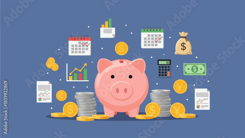 Financial savings and investment strategy illustration with a piggy bank, coins, charts, and planning tools for wealth management