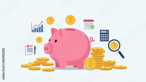 Financial planning and strategic money management with a pink piggy bank, stacks of coins, calendar, calculator, and growth charts, symbolizing saving and investment for future prosperity