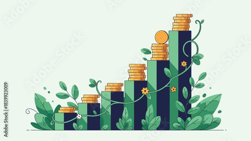 Sustainable financial growth concept with increasing gold coin stacks on an upward bar chart, intertwined with lush green foliage, symbolizing investment success, prosperity, and wealth accumulation