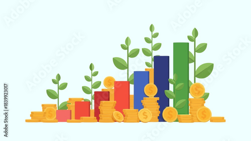 Financial growth and investment concept showing ascending bar graphs with flourishing plant sprouts, symbolizing economic development, savings, and strategic business prosperity
