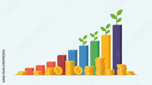 Financial growth concept with increasing bar chart and sprouting plants, symbolizing successful investment and future prosperity in business development
