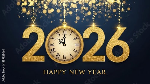 Golden 2026 numbers with a clock marking the midnight moment of the new year