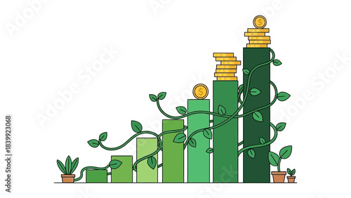Visual metaphor of sustainable financial progress and investment growth, featuring a series of increasing plant-like bars with climbing vines and stacks of gold coins, representing development