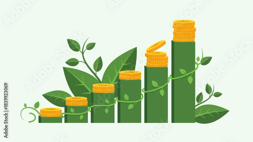Financial growth and investment success illustrated by a rising plant-shaped bar chart adorned with coins and leaves
