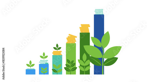 Green business growth illustration showcasing a plant growing from stacks of coins against a blue backdrop, symbolizing investment and financial success