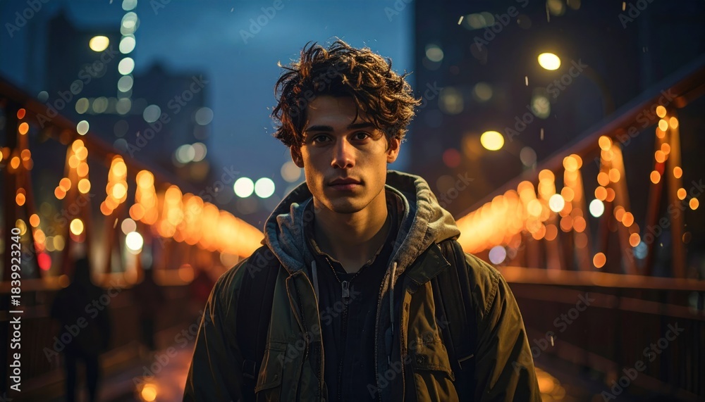 Fototapeta premium Young man on illuminated bridge in the rain at nighttime