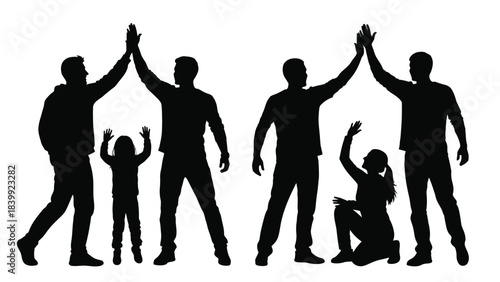 Silhouette of a diverse group of people celebrating success with high fives