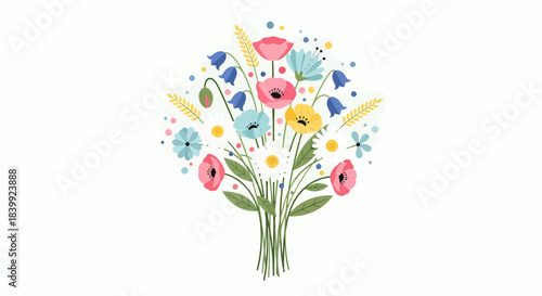 Floral Bouquet Arrangement Of Colorful Meadow Flowers Illustration