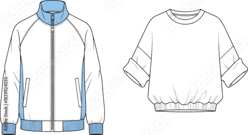 Bomber jacket and pullover sweatshirt flat sketch, front view set, CAD drawing flat vector fashion illustration template