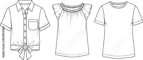 Women’s tops bundle flat sketch, shirt blouse t-shirt front view set, CAD drawing flat vector illustration template