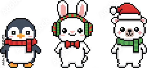 Pixel Art Winter Animals-Penguin, Bunny & Polar Bear in Festive Outfits
