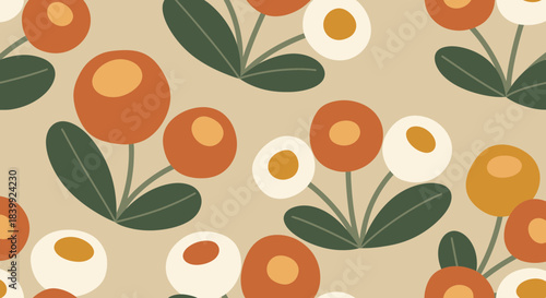 Retro Floral Seamless Pattern With Green Leaves On Beige Background