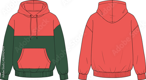 Color-block hoodie flat sketch, coral red and dark green front and back view, CAD drawing flat vector illustration template