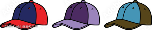 Two-tone baseball caps front view, color combination comparison, curved brim headwear set, CAD drawing flat vector illustration