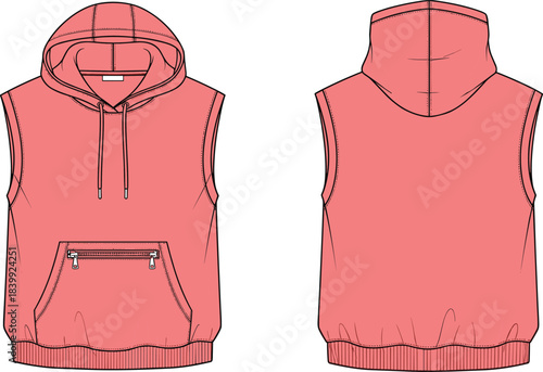 Sleeveless hoodie flat sketch, coral pink front and back view, kangaroo pocket, drawstring hood, CAD drawing flat vector illustration