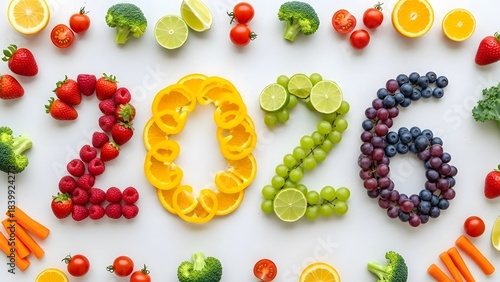 Healthy new year 2026 concept with fruits and vegetables on white background