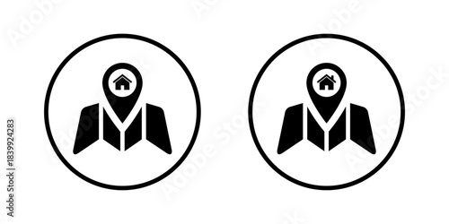 Home location map icon in circular outline. House navigation symbol