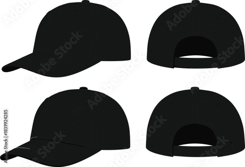 Black baseball cap multi-angle view, front and back perspective, curved brim, stitched panels, CAD drawing flat vector illustration
