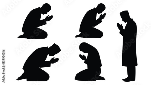 Silhouettes of muslim men and women praying salatnamaz in various positions