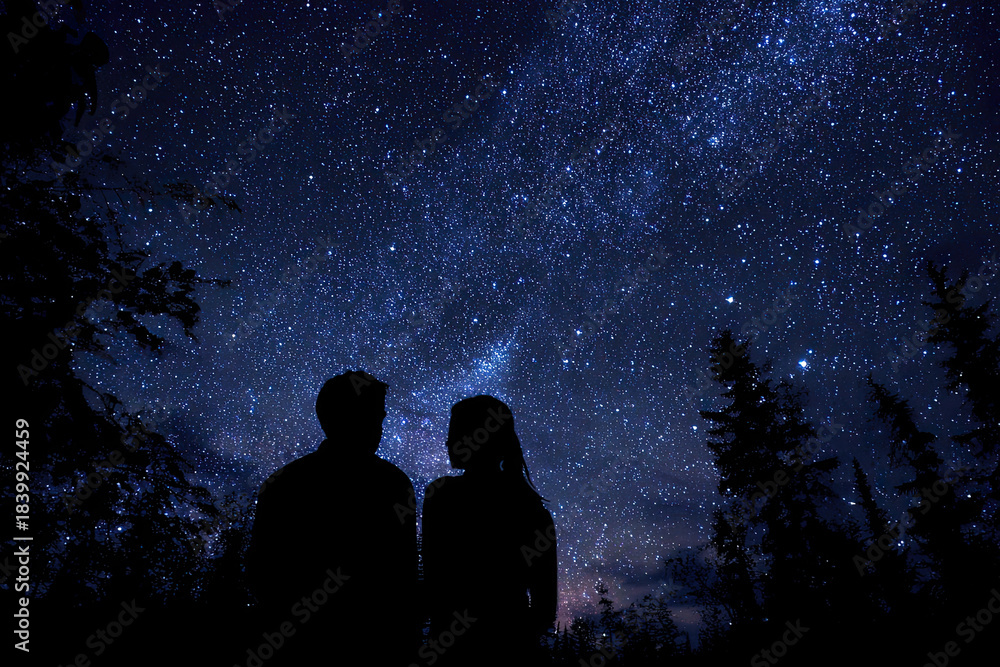 Fototapeta premium Silhouettes of a young couple under the starry sky 