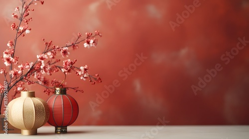 Festive red and gold lanterns flank blooming cherry blossom branch against a textured red backdrop, symbolizing chinese new year celebration.