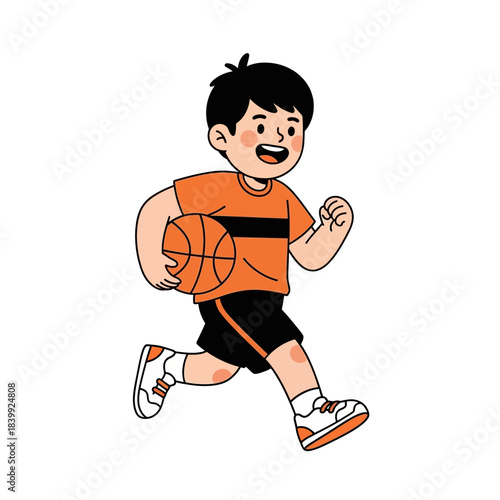 Energetic young boy playfully dribbling basketball with cheerful expression cartoon illustration