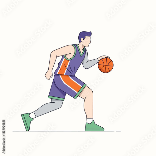 Energetic basketball player dribbling ball with focus and determination in minimalist art style