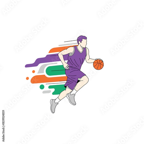 Energetic basketball player in motion illustration conveys dynamism and athleticism via vibrant