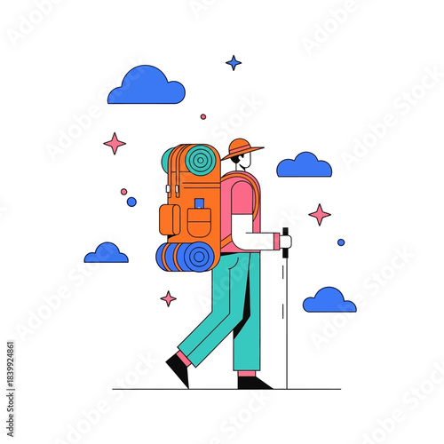 Minimalist traveler illustration with oversized backpack amidst stylized clouds and stars