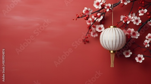 Traditional chinese new year celebration decor with blossoming plum branch and hanging lantern against a vibrant red background, symbolizing good fortune and renewal.