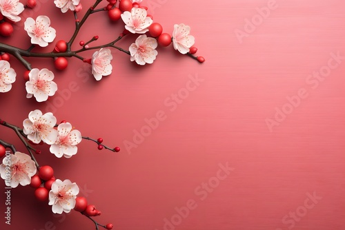 Delicate pink plum blossoms and vibrant red berries adorn a textured coral background, evoking spring and celebration. 135 characters.