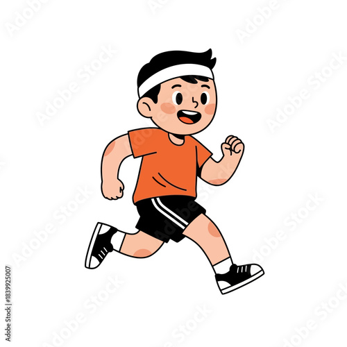 Cheerful cartoon boy jogging with determined expression promotes active lifestyle and fitness