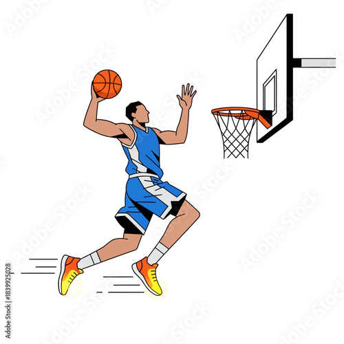 Dynamic basketball player mid-air preparing to shoot the ball into the net game