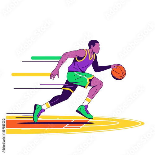 Dynamic basketball player dribbling with vibrant motion trails in a minimal design