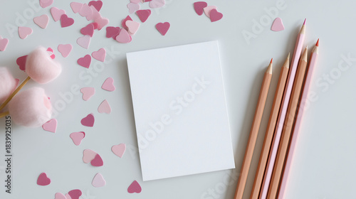 Valentine Flat Lay With Pink Pencils, Confetti Hearts, And Blank Card