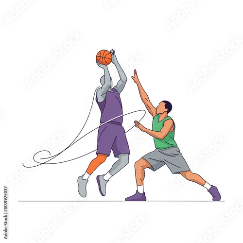 Dynamic illustration showcasing a basketball player shooting against a defender minimal