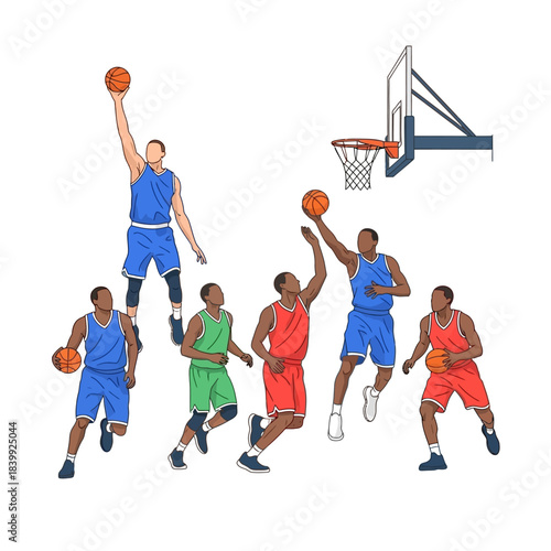 Dynamic basketball game illustration showcasing players in action with vibrant energy and team