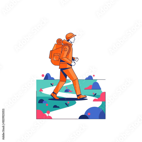 Stylized illustration of a lone hiker traversing a winding path through nature landscape exploration