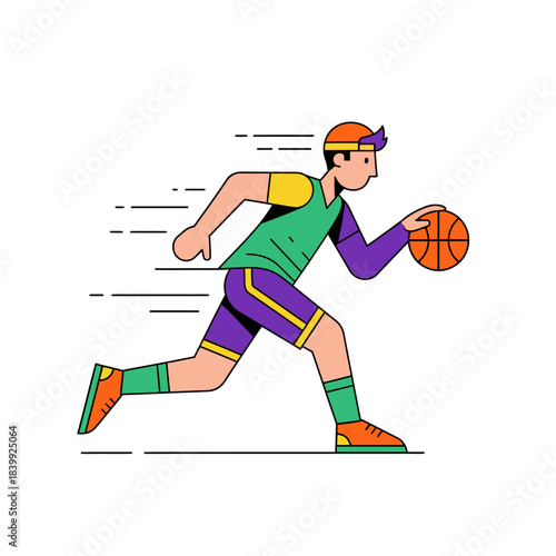 Dynamic cartoon illustration of a basketball player dribbling with speed and determination