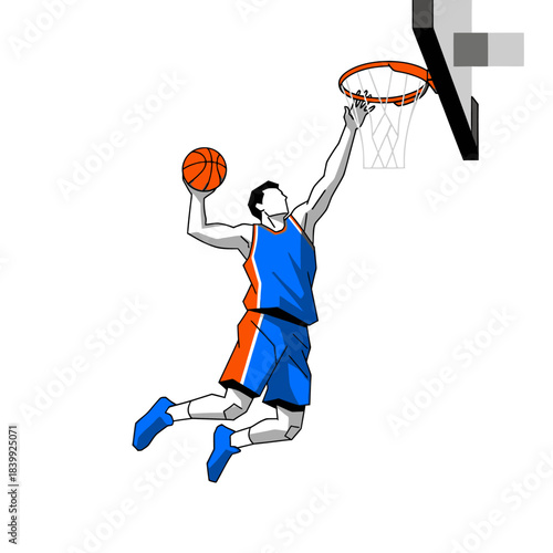 Dynamic basketball player executing slam dunk with strength and precision in action vector art