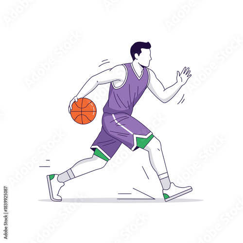 Dynamic vector illustration capturing a basketball player in motion during a game sequence