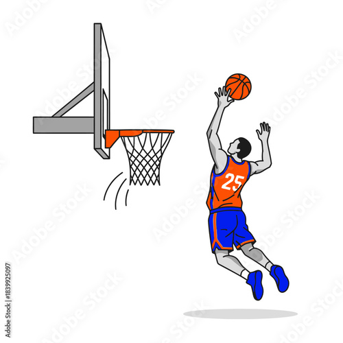 Basketball player skillfully aiming for a slam dunk, showcasing athleticism and precision