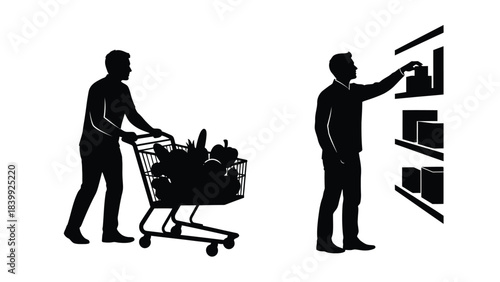 Silhouette of a man pushing a shopping cart full of groceries and a man reaching for a product a store shelf