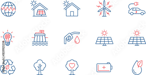 Energy icons, sustainability symbols, environmental graphics, renewable power, solar panels, wind turbines, electric vehicles, recycling, conservation, climate